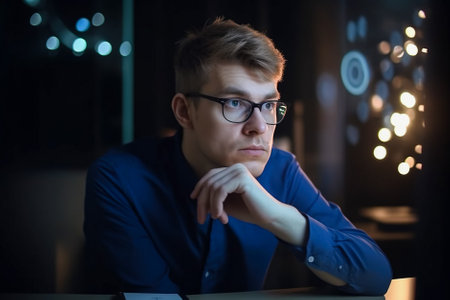 Serious young man in eyeglasses sitting at table and looking away. Generative AI.の素材