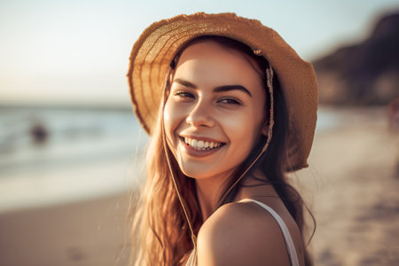 Close-up portrait of a beautiful young woman laughing on the beach. Generative AI.の素材