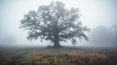 Old oak tree in foggy morning. panoramic image. Generative AI.の素材