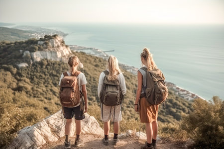 three girls with backpacks standing on top of mountain and looking at sea. Generative AI.の素材