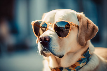 Labrador Retriever in sunglasses on the street. dog portrait. Generative AI.の素材