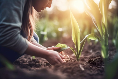 Young woman agronomist working in a corn field. Concept of agronomist and agriculture. Generative AI.の素材