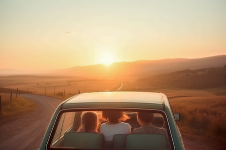 Group of friends traveling by car at sunset. Rear view of young women looking out the window of the car. Generative AI.の素材