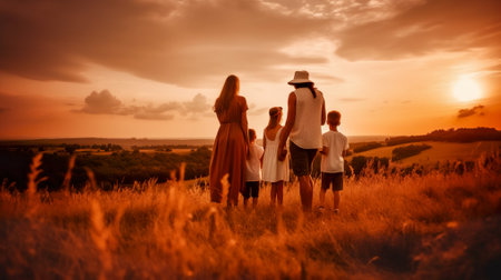 Silhouette of a happy family walking in the field at sunsetの素材
