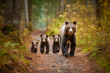 Wild brown bear family walking in the autumn forest. Generative AI.の素材