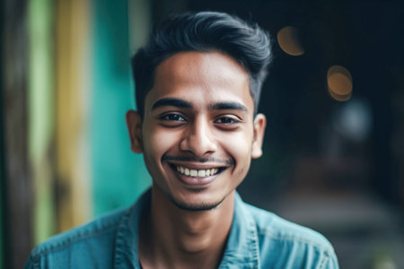 Portrait of a young indian man smiling at the camera. Generative AI.の素材