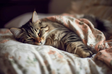 Cute tabby cat sleeping on the bed in the morning. Generative AI.の素材