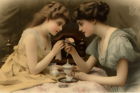 Retro style portrait of two beautiful women with a cup of tea. Generative AI.の素材