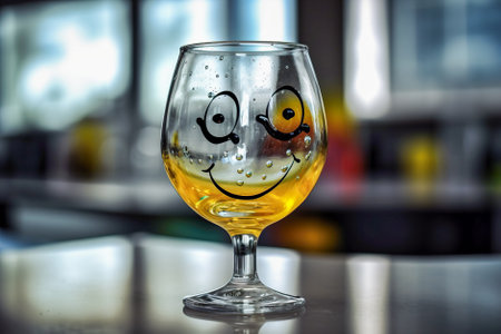 Smiling face in a glass of water on a wooden table. Generative AI.の素材