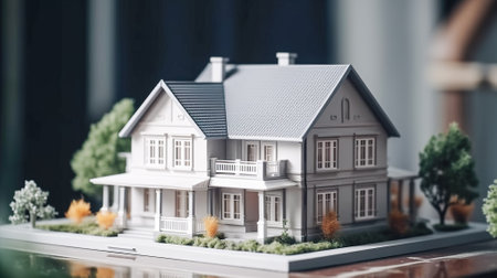 Real estate agent holding house model in hand. real estate concept. Generative AI.の素材