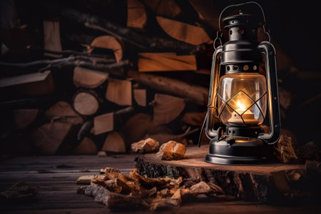 Vintage kerosene lamp on rustic wooden table in dark room. Generative AI.の素材