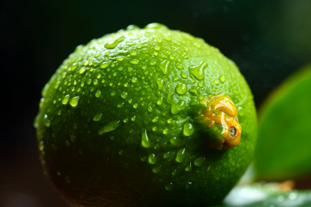 Fresh limes with water drops on black background. close up. Generative AI.の素材