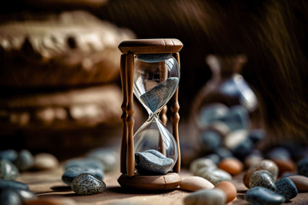 Hourglass and stones on a wooden background. selective focus. Generative AI.の素材