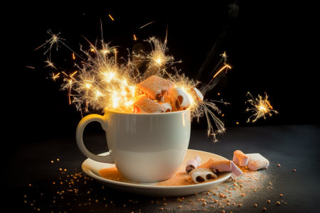 Cup of coffee with marshmallow and sparklers on black background. Generative AI.の素材