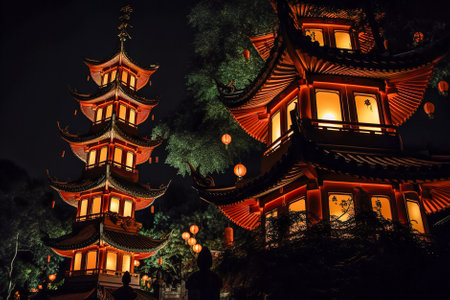 Chinese lanterns against the background of night Chinese architecture. Generative AI.の素材