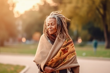 African american senior woman with dreadlocks in the park at sunset. Generative AI.の素材