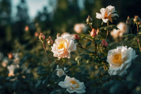 Beautiful blooming white roses in the garden in the summer. Generative AI.の素材