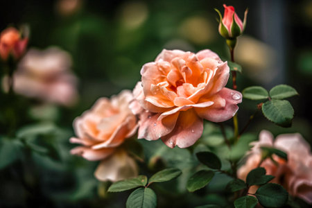 Beautiful blooming white roses in the garden in the summer. Generative AI.の素材