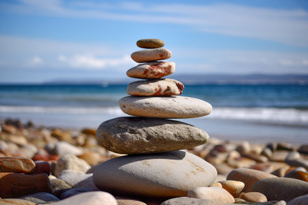 Stack of zen stones on the seashore. Zen concept. Generative AI.の素材
