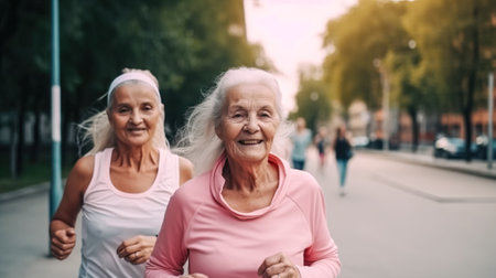 Group of senior women walking in autumn park. They are smiling and looking at camera. Generative AI.の素材