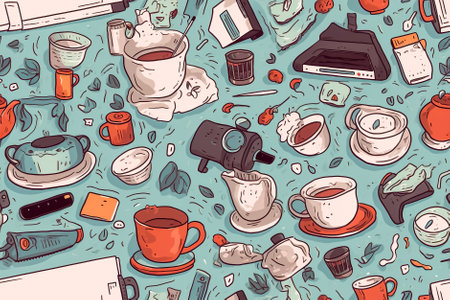 tile. Seamless pattern with teapots, cups, teacups, mugs, tea bags and books. Generative AI.の素材