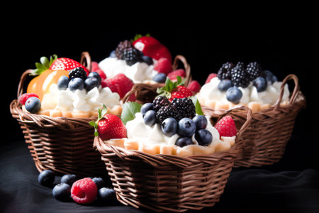 Tartlets with fresh berries and whipped cream on a wooden table. Generative AI.の素材