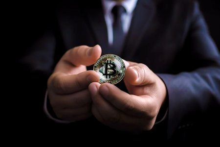 Close-up of a businessman holding a bitcoin in his hands. Generative AI.の素材