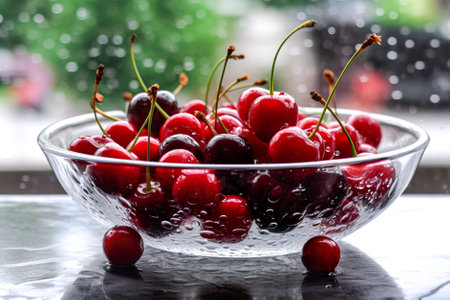 Cherries in a glass bowl on a black reflective surface. Generative AI.の素材