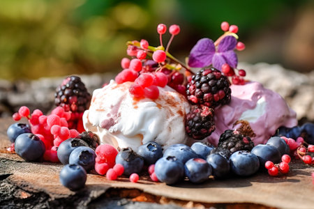 Tartlets with fresh berries and whipped cream on a wooden table. Generative AI.の素材