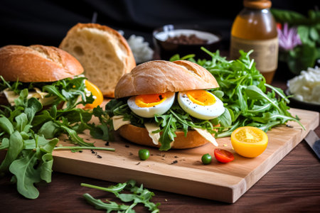 Vegan sandwich egg salad cucumber on wooden table. Generative AI.の素材