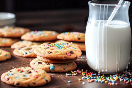 Milk in a glass and cookies on a wooden table, selective focus. Generative AI.の素材