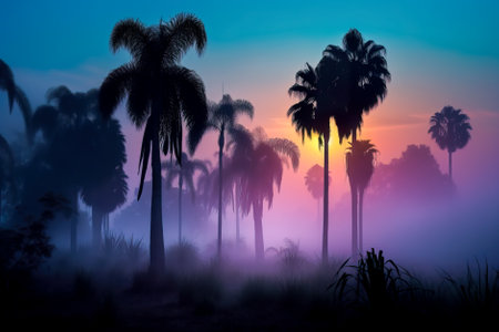 Silhouette of palm trees in the mist at sunrise. Generative AI.の素材