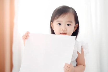 cute asian baby girl holding blank paper sheet in white room. Generative a.の素材