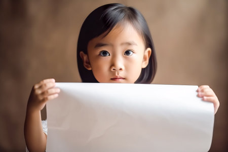 cute asian baby girl holding blank paper sheet in white room. Generative a.の素材