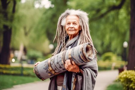 Senior woman with dreadlocks holding a yoga mat in the park. Generative AI.の素材