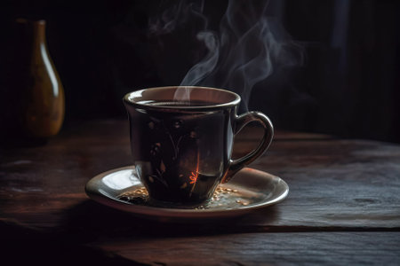 Coffee cup on wooden table with smoke. Generative AI.の素材