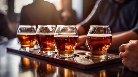 close up view of people clinking glasses with beer at bar counter. Generative AI.の素材