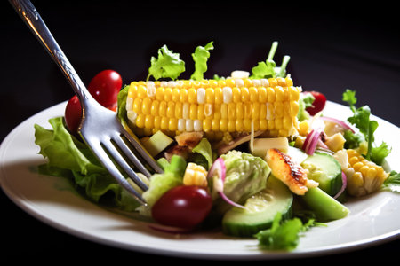 Fresh salad with corn, tomatoes, cucumbers and lettuce on a black background. Generative AI.の素材