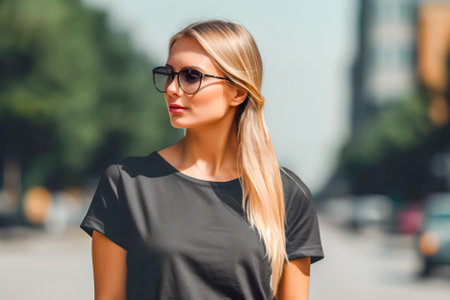 Portrait of a beautiful blonde girl in a gray T-shirt on the background of the city. Generative AI.の素材