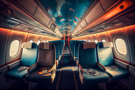 Interior of an airplane with blue seats and a view of the desert. Generative AI.の素材