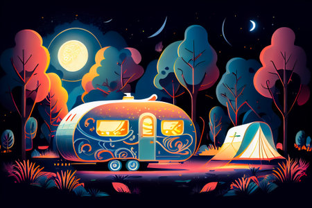 camping in the forest at night with a caravan. Generative AI.の素材