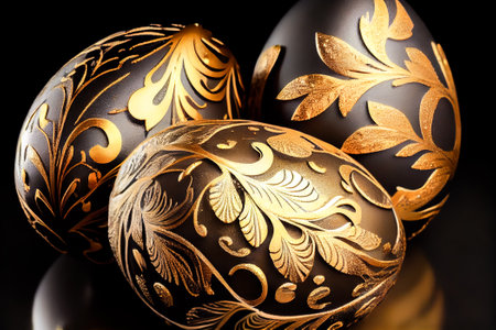 Easter eggs painted in black and gold colors with a floral pattern. Generative AI.の素材