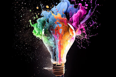 Colorful paint splashing from light bulb on black background. Generative AI.の素材