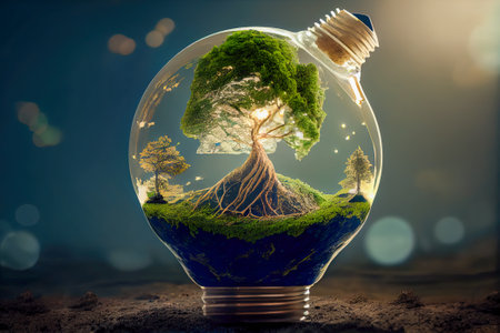 Ecology concept with tree growing inside of light bulb. Generative AI.の素材
