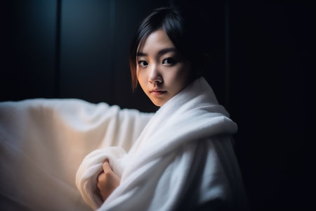 beautiful asian woman wake up in the morning, lifestyle concept. Generative AI.の素材