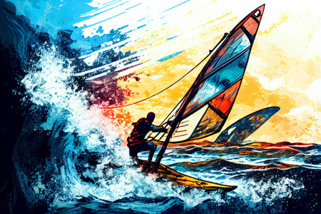 windsurfing illustration. Generative AI, Generative, AI.の素材