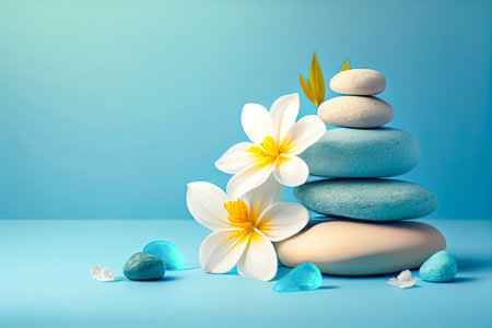 spa background. relaxation composition stones and white flower on a light blue background. Generative AI, Generative, AI.の素材