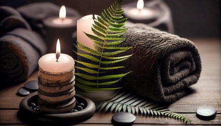 spa background candles stones and towels. Generative AI, Generative, AI.の素材