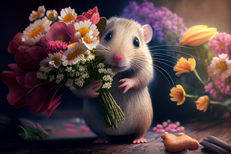 mouse with a bouquet of flowers. Generative AI, Generative, AI.の素材