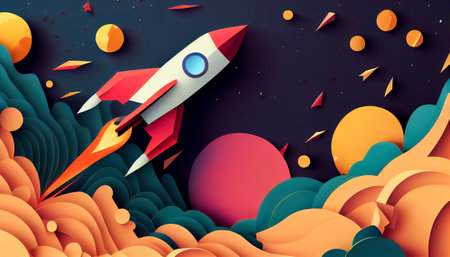 Paper art style of rocket flying in space. Generative AI, Generative, AI.の素材